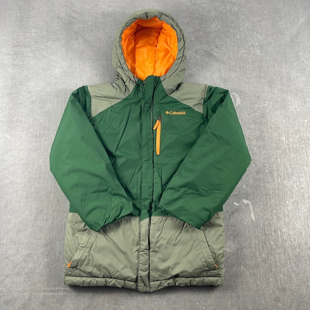 Columbia Kids M 10/12 Green Puffer Jacket Insulated Hooded Colorblock
